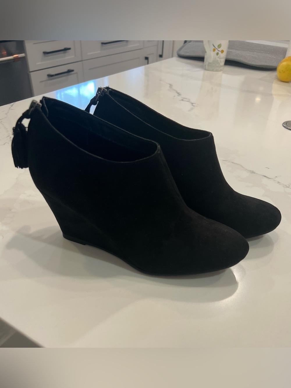 Chinese Laundry Black Suede Wedge Ankle Booties